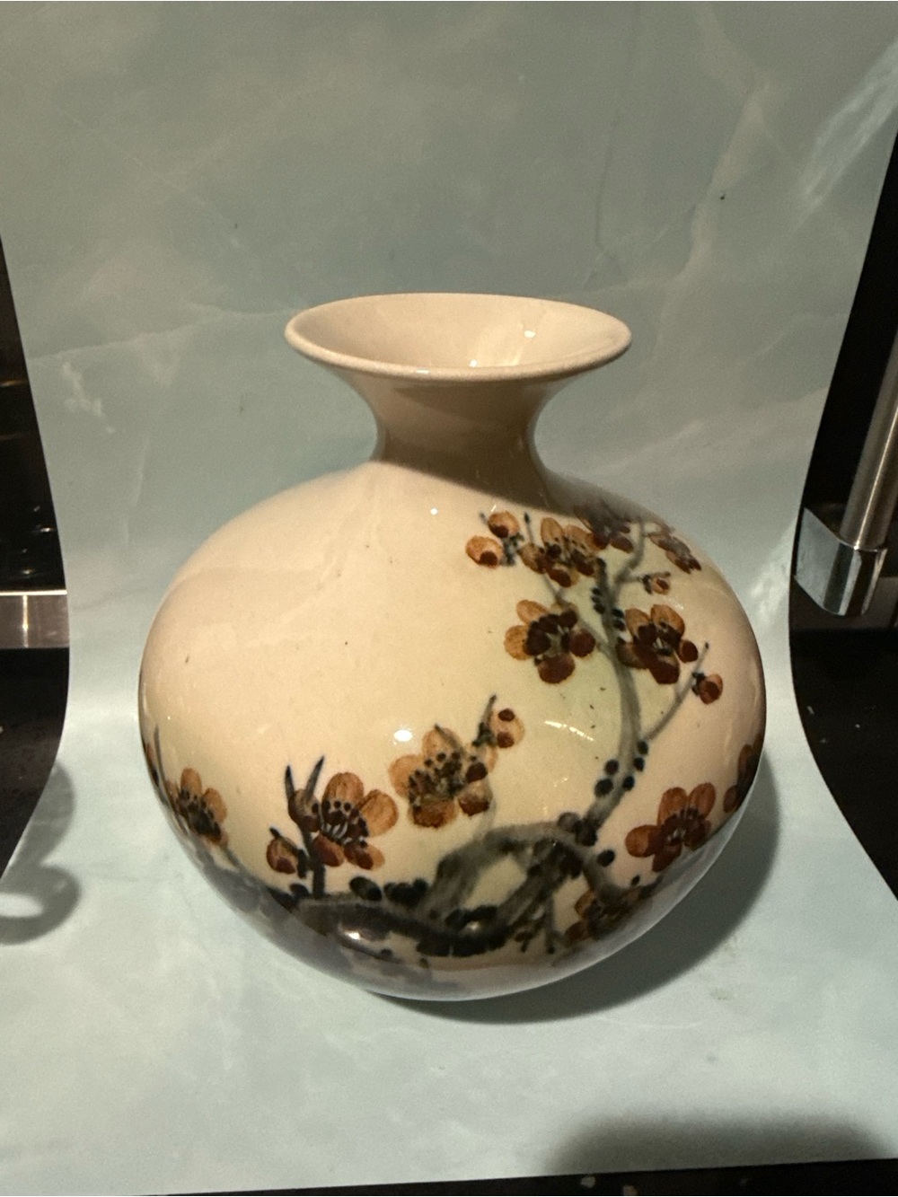 Cream Ceramic Blossom Vase with Brown Floral Design